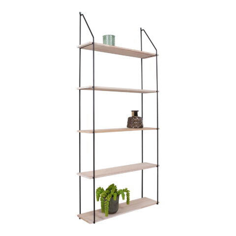 Eindhoveni seinariiul, 5 puidust riiulit, must raam, 65x17x145 cm Elutoamööbel
