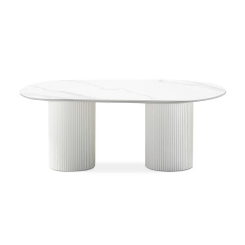 Kohvilaud 120 cm MARBELLA ovaalne lamellid valge marmori efekt paagutatud Elutoamööbel