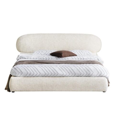 Polsterdatud voodi 160×200 cm AVION raami ja panipaigaga helebeež ümar Magamistuba