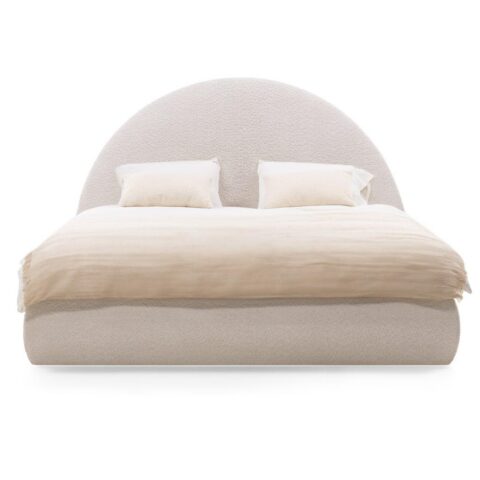 Polsterdatud voodi 160×200 cm MIMIQ raami ja panipaigaga ümar beež Magamistuba