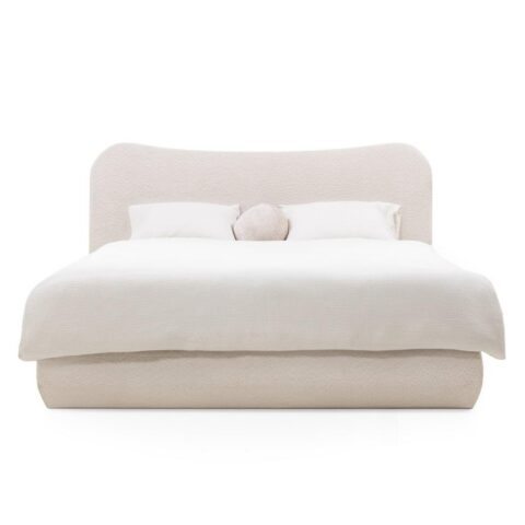 Polsterdatud voodi 160×200 cm DOMINIQUE raami ja panipaigaga ümar beež Magamistuba