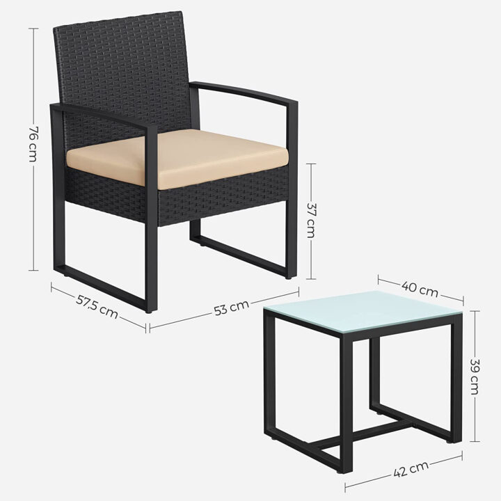 Aiatoolid ja laud 59×57.5x76cm / 42x40x39cm beež, must Aiamööbli komplektid