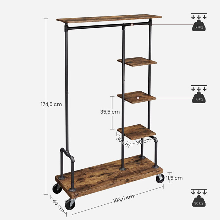 Riidepuu 103.5x40x174.5cm, must, retro värv Riidestanged