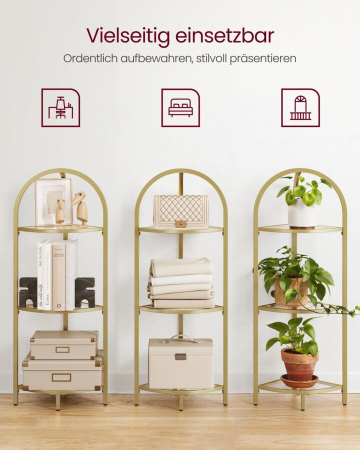 Kuldne 3-korruseline karastatud klaasist nurkriiul 37.8x28x95.2cm Nurgariiulid