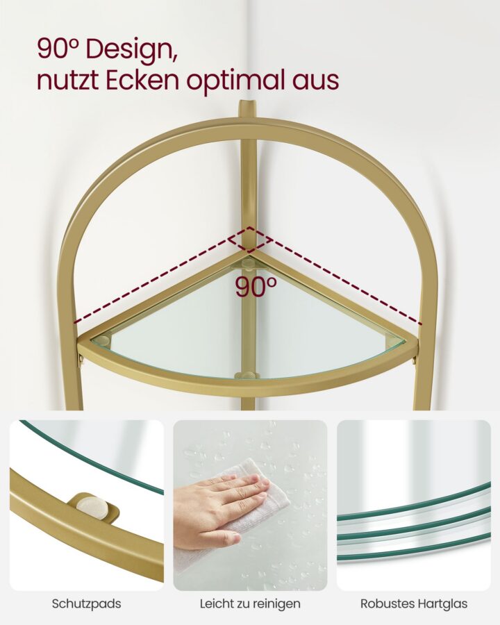 Kuldne 3-korruseline karastatud klaasist nurkriiul 37.8x28x95.2cm Nurgariiulid