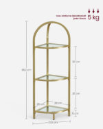 Kuldne 3-korruseline karastatud klaasist nurkriiul 37.8x28x95.2cm Nurgariiulid