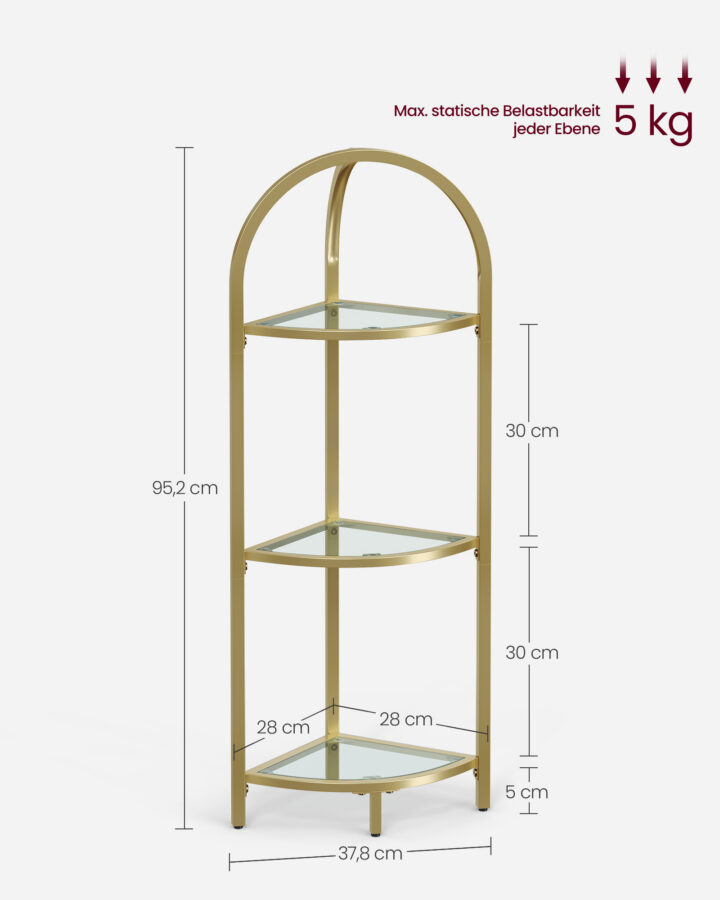 Kuldne 3-korruseline karastatud klaasist nurkriiul 37.8x28x95.2cm Nurgariiulid