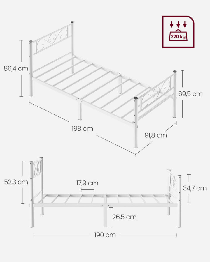 Metallist voodi 198×91.8×86.4cm valge Voodid ilma madratsita