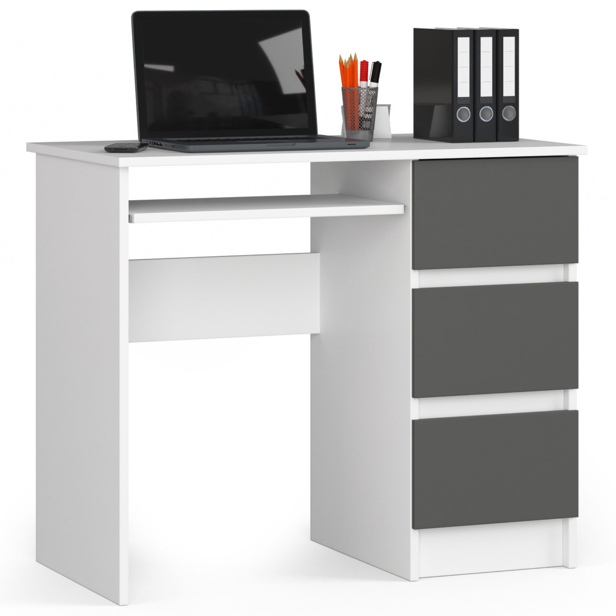 Arvutilaud A-6 90 cm, parempoolne, valge/grafiithall, 3 sahtlit Kirjutuslauad Homewell Arvutilaud A-6 90 cm, parempoolne, valge/grafiithall, 3 sahtlit Kirjutuslauad Homewell