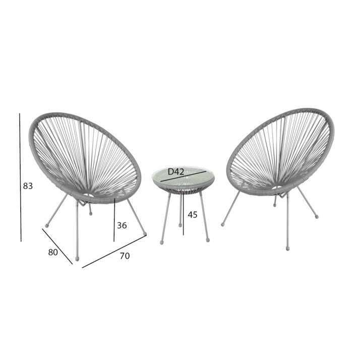 Rõdukomplekt COMO hall, laud D42xH45cm, 2 tooli 70x80xH36/83cm, teras, plastikpunutis Rõdukomplektid Esilehe tooted