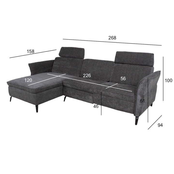 Nurgadiivan DAYTON VN, elektriline recliner 268×157/94xH100cm, tumehall Diivanid Diivanid