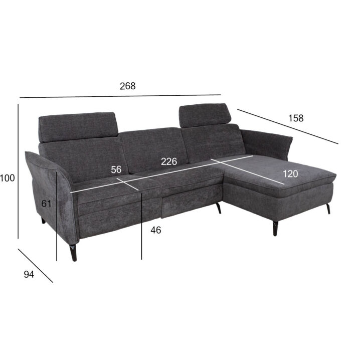 Nurgadiivan DAYTON PN, elektriline recliner  268×94/157xH100cm, tumehall Diivanid Diivanid