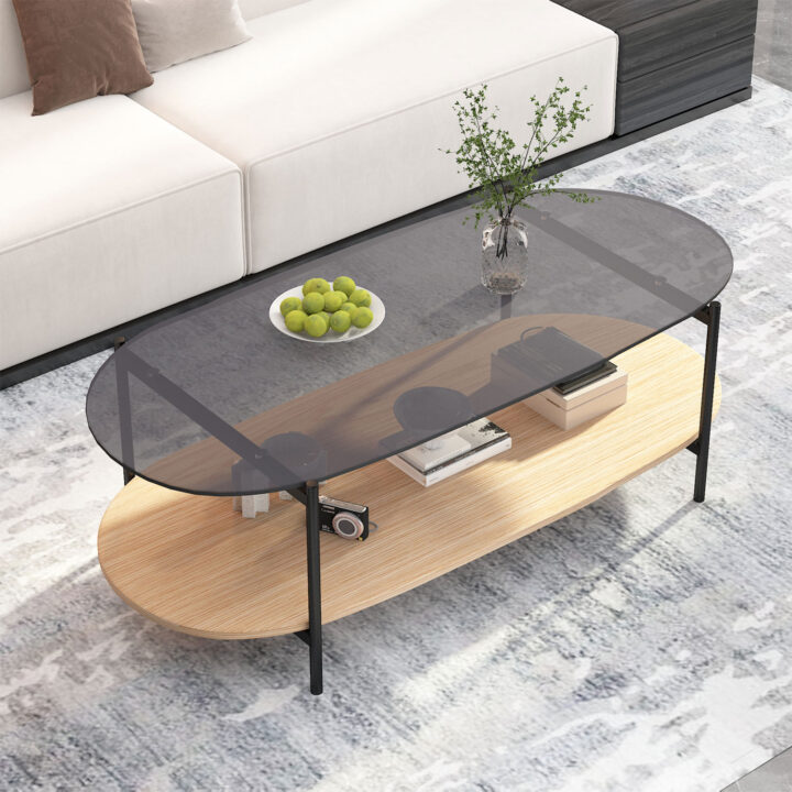 Diivanilaud CINDY 120x55xH40cm, hall klaas/melamiin tamm Diivanilauad ja abilauad Diivanilauad ja abilauad