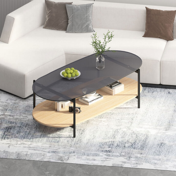 Diivanilaud CINDY 120x55xH40cm, hall klaas/melamiin tamm Diivanilauad ja abilauad Diivanilauad ja abilauad