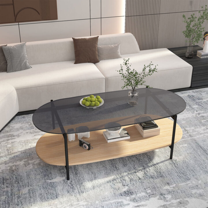 Diivanilaud CINDY 120x55xH40cm, hall klaas/melamiin tamm Diivanilauad ja abilauad Diivanilauad ja abilauad