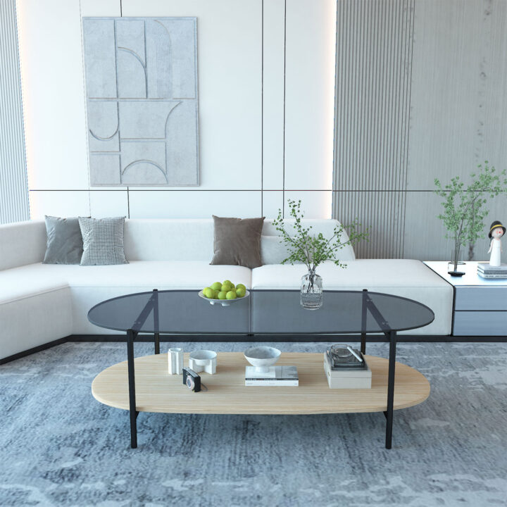 Diivanilaud CINDY 120x55xH40cm, hall klaas/melamiin tamm Diivanilauad ja abilauad Diivanilauad ja abilauad