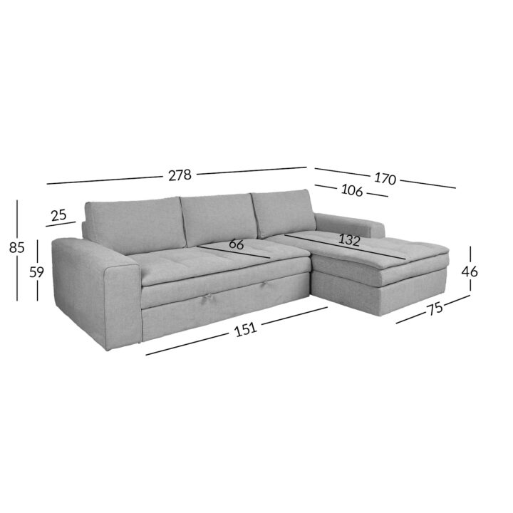 Nurgadiivanvoodi KAJA PN 278×106/170xH85cm, helehall Diivanid