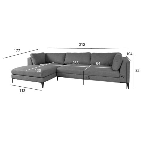 Nurgadiivan BRIA VN 312×177/104xH82cm, hall Elutoamööbel Diivanid