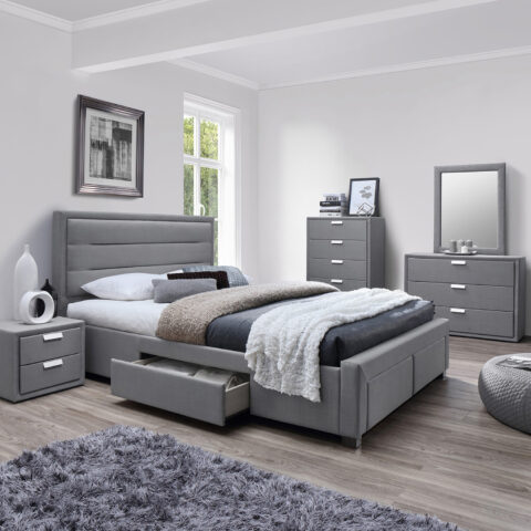 Voodi CAREN 160x200cm, hall, 165×220,5xH110cm, MDF, polüesterkangas Magamistuba KAM23 Magamistuppa jõuludeks