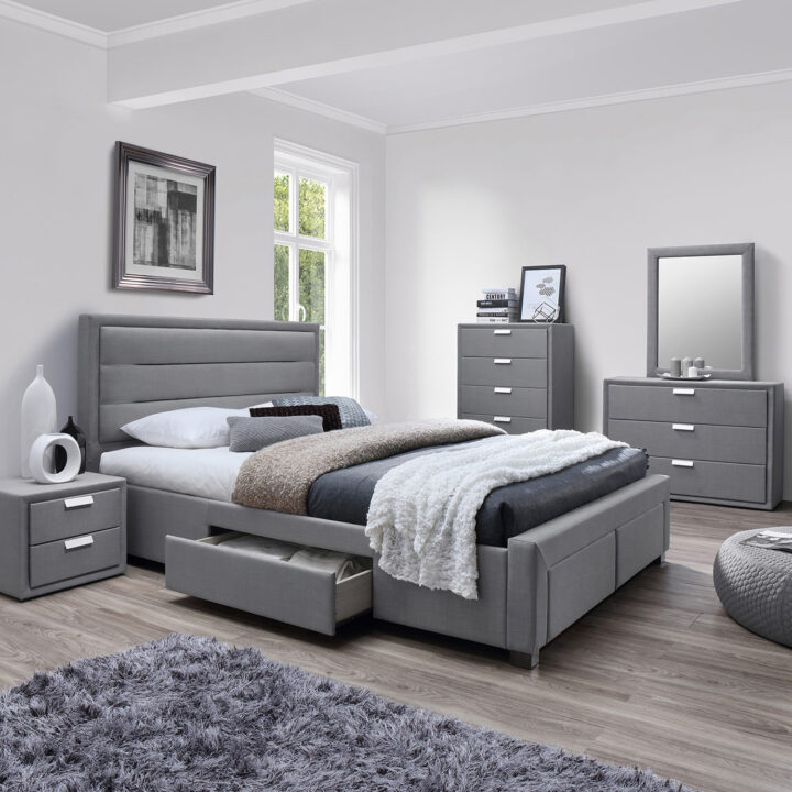 Voodi CAREN 160x200cm, hall, 165×220,5xH110cm, MDF, polüesterkangas Magamistuba KAM23 Magamistuppa jõuludeks
