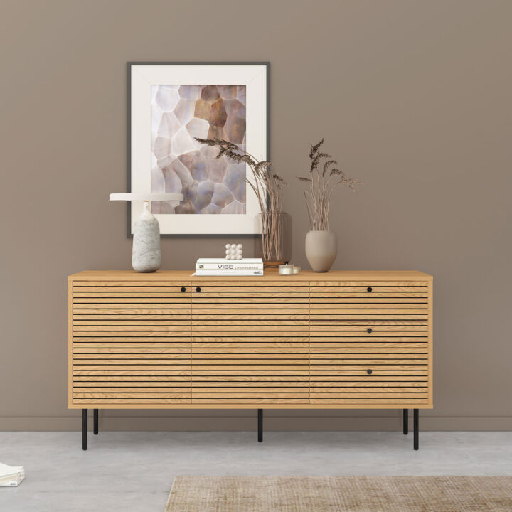 Kummut LINE 150x40xH74cm, tammedekooriga melamiin Elutoamööbel H01-700 Kapid