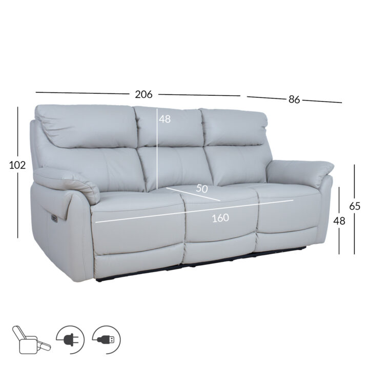 Diivan BOWEN 3-kohaline elektriline recliner 206x86xH102cm, hallikasbeež naturaalne nahk Diivanid