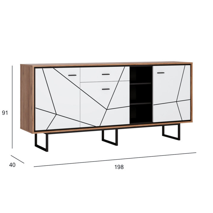Kapp BROLO 198x40xH91cm, must/valge Elutoamööbel H02-400 Vitriinkapid, kummutid ja riiul