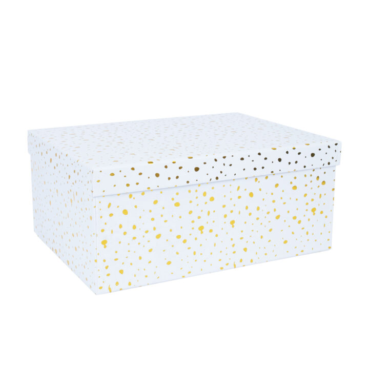 Pappkarp DIANA-1 kaanega 37,5x29xH16cm, valge kuldsete täppidega Kinkekotid Kinkekotid