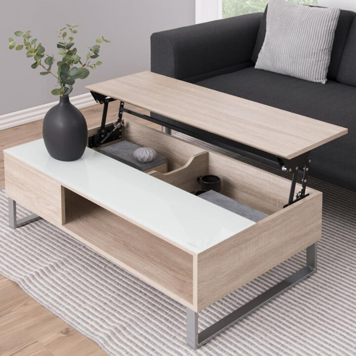Diivanilaud AZALEA 110x60x35cm, lauaplaat: mööbliplaat/valge klaas 5mm, värvus: tamm, jalg: kroomitud metall Diivanilauad ja abilauad ACTONA
