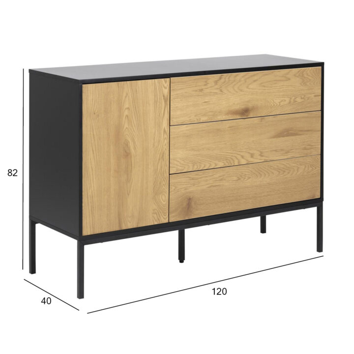 Kummut SEAFORD 120x40xH82cm, 3 sahtliga, raam: MDF, must matt, 1 uks: lamineeritud kattega mööbliplaat, värvus: tamm Elutoamööbel ACTONA