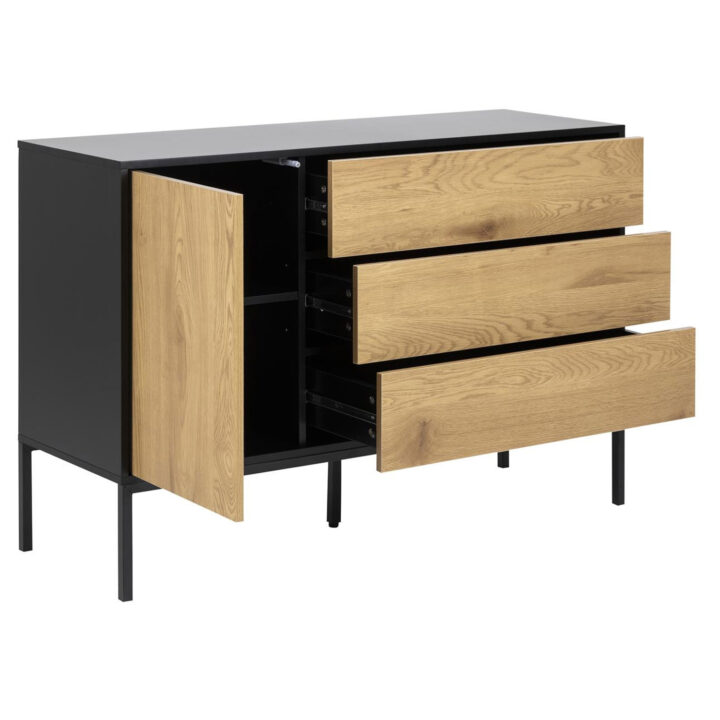 Kummut SEAFORD 120x40xH82cm, 3 sahtliga, raam: MDF, must matt, 1 uks: lamineeritud kattega mööbliplaat, värvus: tamm Elutoamööbel ACTONA