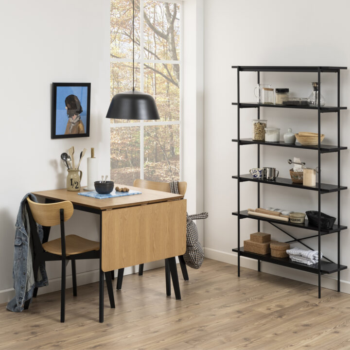 Söögilaud ROXBY, 80/120x80xH76cm, tamm/must, pikendatav, lauaplaat: naturaalse tamme spoon, lakitud, jalad: kummipuu Söögilauad ACTONA
