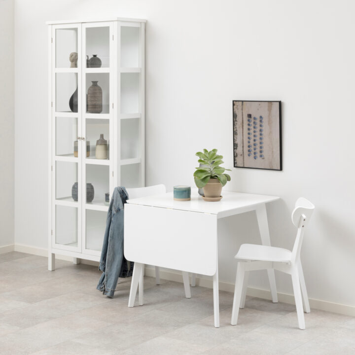 Söögilaud ROXBY, 80/120x80xH76cm, valge, pikendatav, lauaplaat: valgeks värvitud MDF, jalad: kummipuu Söögilauad ACTONA