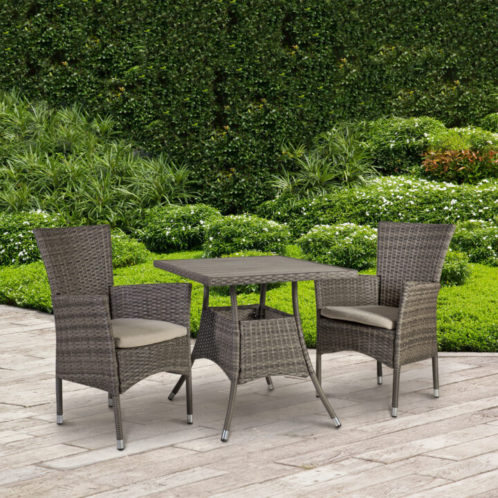 Aiamööblikomplekt PALOMA laud 74x74xH72,5cm, 2 tooli 57x59xH90cm, terasraam, plastikpunutis Rõdumööbel Garden