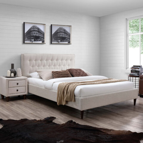 Voodi EMILIA 140x200cm, madratsiga HARMONY TOP, beež, 146,5x219xH105cm, MDF, puit, polüesterkangas Magamistuba 140x200