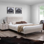 Voodi EMILIA 140x200cm, madratsiga HARMONY TOP, beež, 146,5x219xH105cm, MDF, puit, polüesterkangas Magamistuba 140x200
