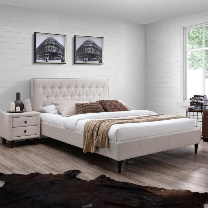 Voodi EMILIA 140x200cm, madratsiga HARMONY TOP, beež, 146,5x219xH105cm, MDF, puit, polüesterkangas Magamistuba 140x200
