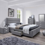 Voodi CAREN 160x200cm, madratsiga HARMONY DELUX, hall, 165×220,5xH110cm, MDF, polüesterkangas Magamistuba 160x200