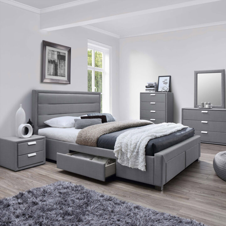 Voodi CAREN 160x200cm, madratsiga HARMONY DELUX, hall, 165×220,5xH110cm, MDF, polüesterkangas Magamistuba 160x200