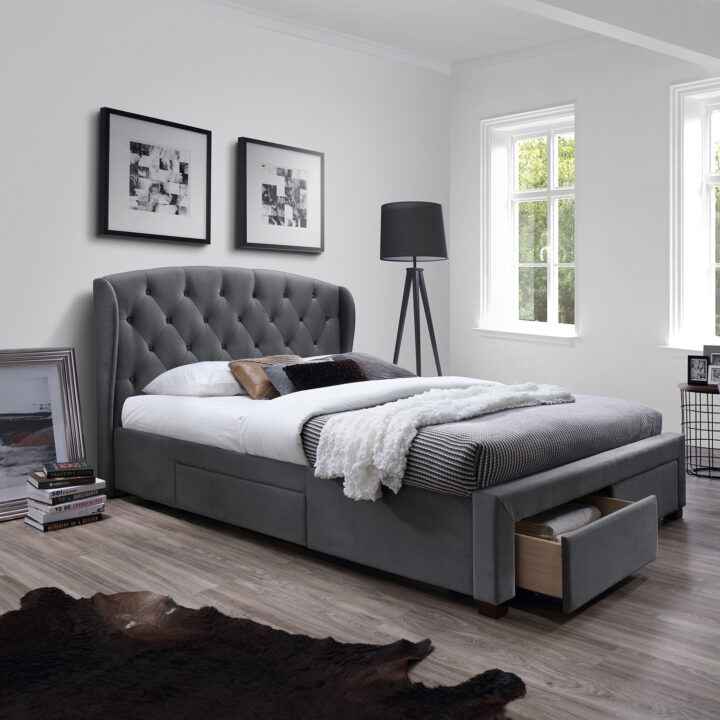 Voodi LOUIS 160x200cm, madratsiga HARMONY DUO, hall, 171x219xH111cm, MDF, puit, kangas Magamistuba 160x200