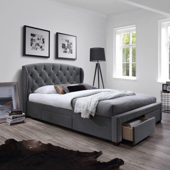 Voodi LOUIS 160x200cm, madratsiga HARMONY DUO, hall, 171x219xH111cm, MDF, puit, kangas Magamistuba 160x200