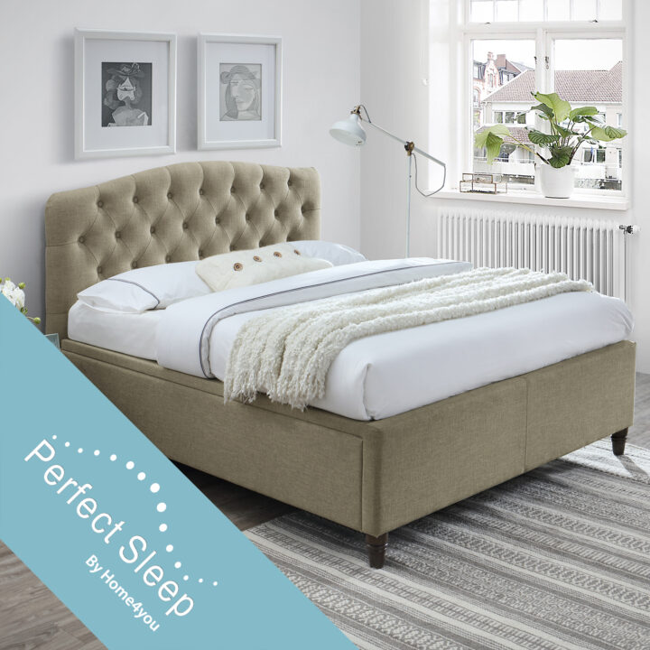 Voodi ZETA 160x200cm, madratsiga HARMONY TOP, beež, 177×217,5xH114cm, MDF, puit, polüesterkangas Magamistuba 160x200