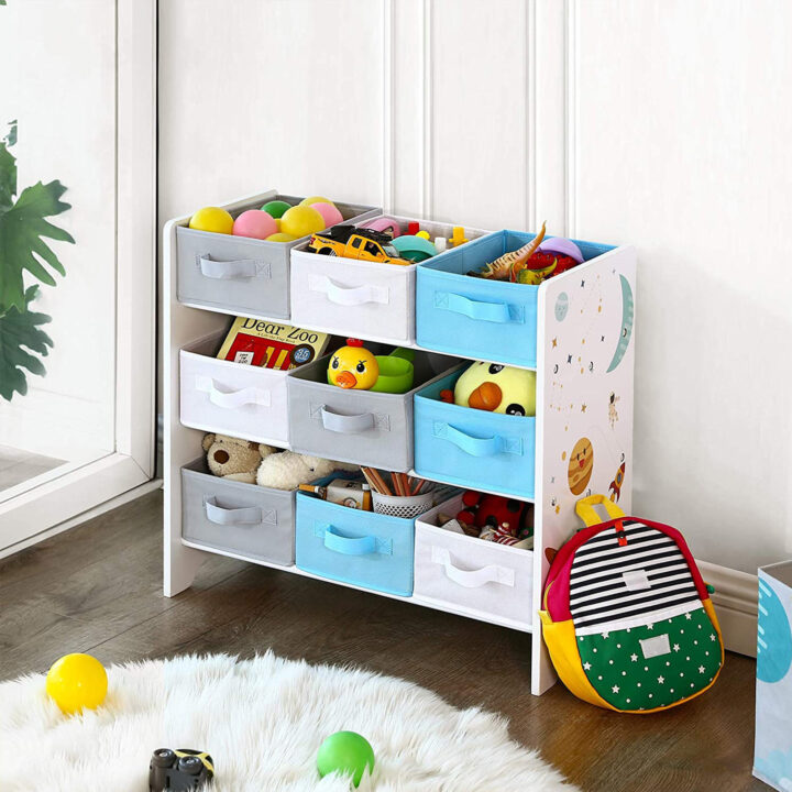 Laste raamaturiiul 62.5×29.5x60cm, valge, sinine q Mänguasjade riiulid