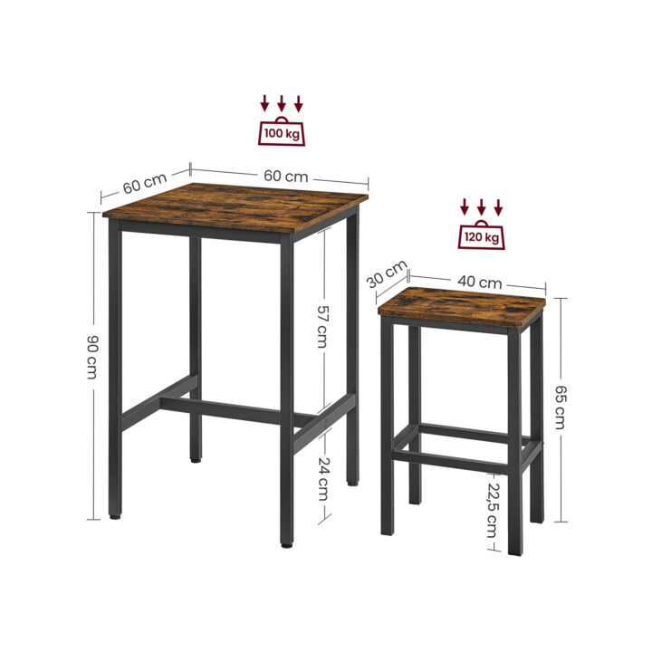 Baarilaua komplekt Table: 60x60x90cm Stool: 40x30x65cm, vintage pruun/must Baaripukid ja baarilauad