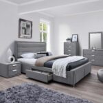 Voodi CAREN 160x200cm, madratsiga HARMONY DELUX, hall, 165×220,5xH110cm, MDF, polüesterkangas Magamistuba 160x200