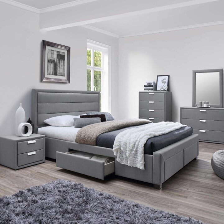 Voodi CAREN 160x200cm, madratsiga HARMONY DELUX, hall, 165×220,5xH110cm, MDF, polüesterkangas Magamistuba 160x200