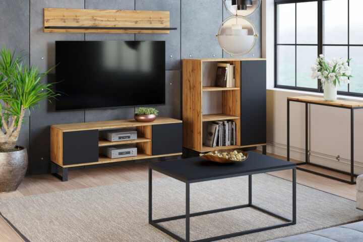 RTV Focus 155 cm kapp – metalljalad tammepuit – must TV-alused