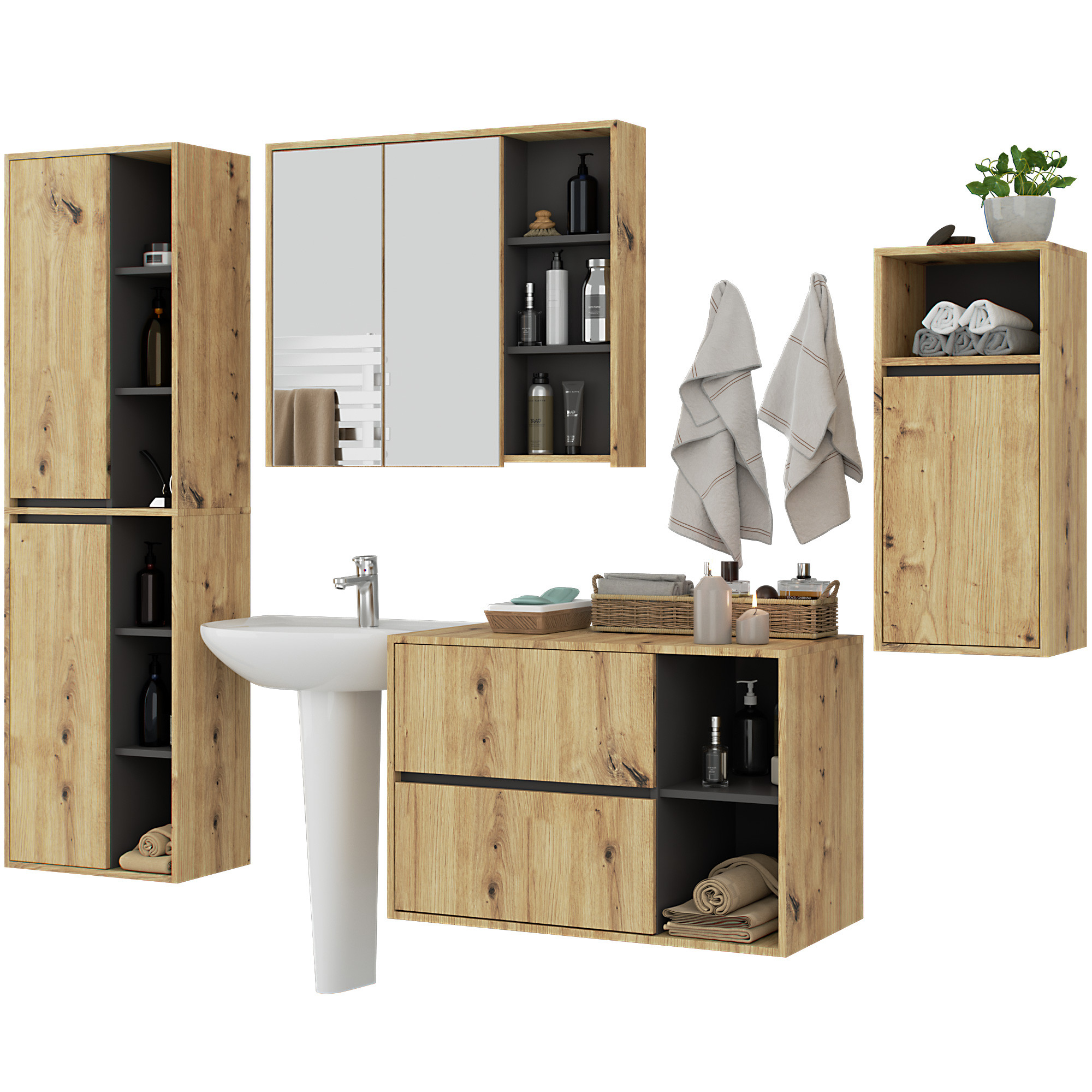 Vami vannitoamööbli komplekt (seinakapid), tamm Artisan / grafiithall Saun ja vannituba Homewell Vami vannitoamööbli komplekt (seinakapid), tamm Artisan / grafiithall Saun ja vannituba Homewell